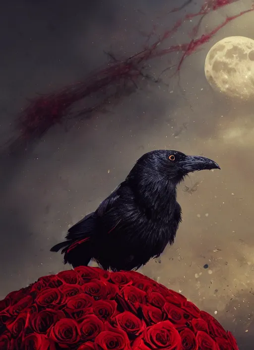 Image similar to red and golden color details, portrait, A crow with red eyes in front of the full big moon, book cover, red roses, red white black colors, establishing shot, extremly high detail, foto realistic, cinematic lighting, by Yoshitaka Amano, Ruan Jia, Kentaro Miura, Artgerm, post processed, concept art, artstation, raphael lacoste, alex ross, portrait, A crow with red eyes in front of the full big moon, book cover, red roses, red white black colors, establishing shot, extremly high detail, photo-realistic, cinematic lighting, by Yoshitaka Amano, Ruan Jia, Kentaro Miura, Artgerm, post processed, concept art, artstation, raphael lacoste, alex ross