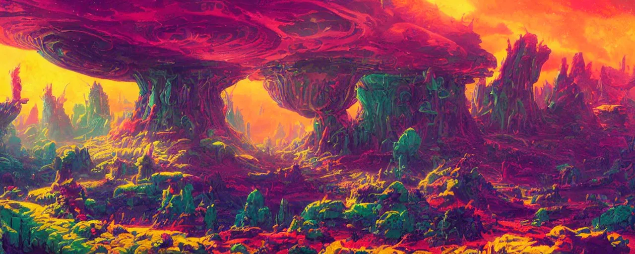 Image similar to ” mysterious and whimsical alien landscape, [ colorful, inviting, cinematic, detailed, epic, widescreen, opening, establishing, mattepainting, art by slop and paul lehr ] ”