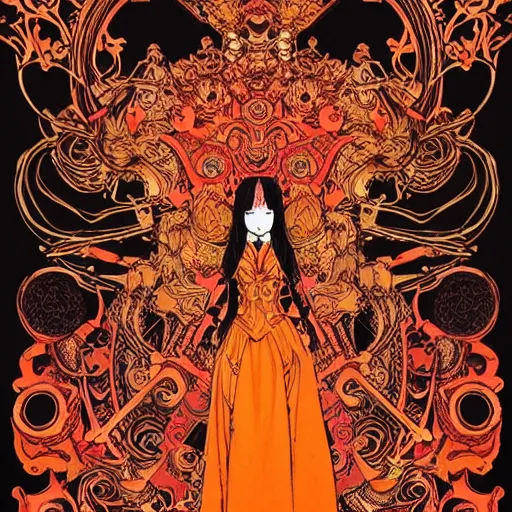 Image similar to jisoo + blackpink + elements + red + gold + neon + baroque + rococo + white + orange + ink + tarot card, ornate + by marc simonetti, paul pope, peter mohrbacher, detailed, intricate ink illustration + damask + award winning + 8 k