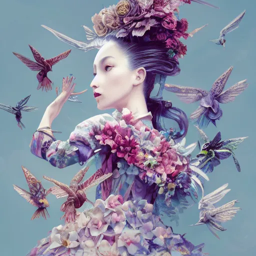 Prompt: 3 / 4 view of a beautiful girl wearing an origami dress, eye - level medium shot, fine floral ornaments in cloth and hair, hummingbirds, elegant, by eiko ishioka, givenchy, ambrosius boeschaert, by peter mohrbacher, centered, fresh colors, origami, fashion, detailed illustration, vogue, japanese, reallusion character creator