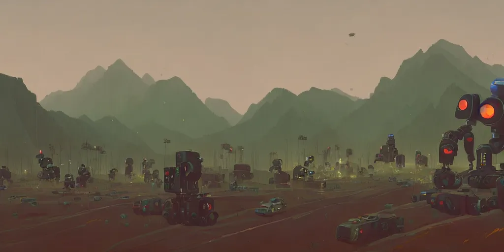 Image similar to green mountains with robots in the middle, by simon stalenhag