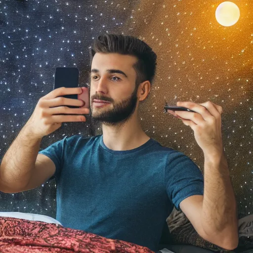 Prompt: a tapestry of a man taking a selfie, moonlit room, 4k