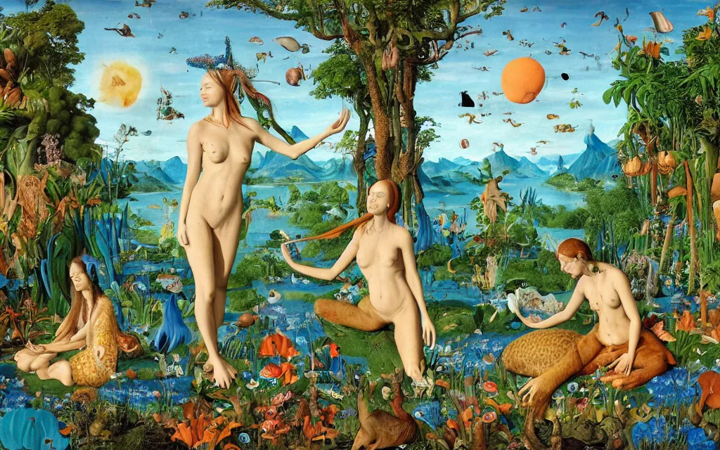 Image similar to a portrait photograph of a meditating mermaid shaman and a centaur monk feeding tropical animals at a wide river delta. surrounded by bulbous flowers, animals, trees and mushrooms. mountain range under a vast blue sky of burning stars. painted by jan van eyck, max ernst, ernst haeckel and artgerm, cgsociety, artstation, fashion editorial