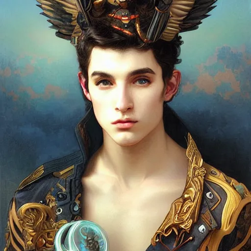 Image similar to a portrait painting of a fantasy steampunk male, highly detailed, art by tristan eaton and artgerm and william - adolphe bouguereau