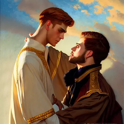 Image similar to attractive fully clothed king confesses his love for his attractive fully clothed male prince. highly detailed painting by j. c. leyendecker, craig mullins, tom bagshaw,