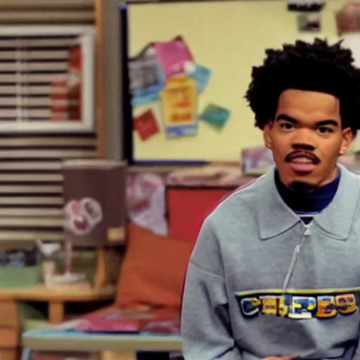 Image similar to a tv still of Chance The Rapper starring as a black college student at Jones College Prep in a 1993 sitcom