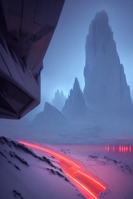 Image similar to futuristic atmosphere in the snowy mountains dolomites 3 d concept art, neon lights, cinematic lighting, rule of thirds, depth of field, intricate details, building by zaha hadid, stormy weather, emissary space by arthur haas and bruce pennington and john schoenherr, cinematic matte painting, dark moody colors, trending on artstation, featured on behance