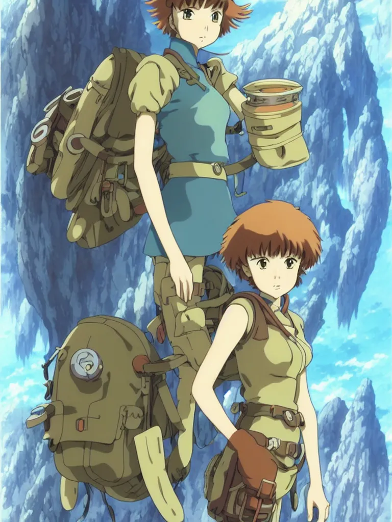 Image similar to anime art full body portrait character nausicaa by hayao miyazaki concept art, anime key visual of elegant young female, short brown hair and large eyes, finely detailed perfect face delicate features directed gaze, valley and mountains background, trending on pixiv fanbox, studio ghibli, extremely high quality artwork by kushart krenz cute sparkling eyes