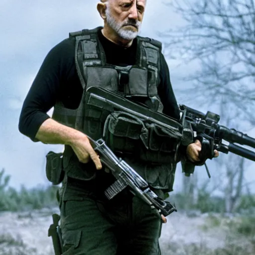 Prompt: Film Still of Mike Ehrmantraut carrying a sniper rifle and wearing a bulletproof vest, 4k, highly detailed