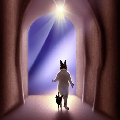 Image similar to a cat that is walking down a hallway, egyptian art by hanns katz, pixabay contest winner, magical realism, anamorphic lens flare, storybook illustration, matte painting