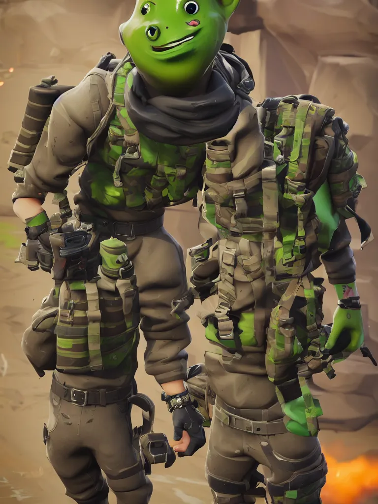 Prompt: lone fortnite character of anthropomorphic pickle with kind eyes and a derpy smile. wearing a flak jacket ammo bandolier cargo pants black combat boots. single fortnite design, unreal engine, highly detailed