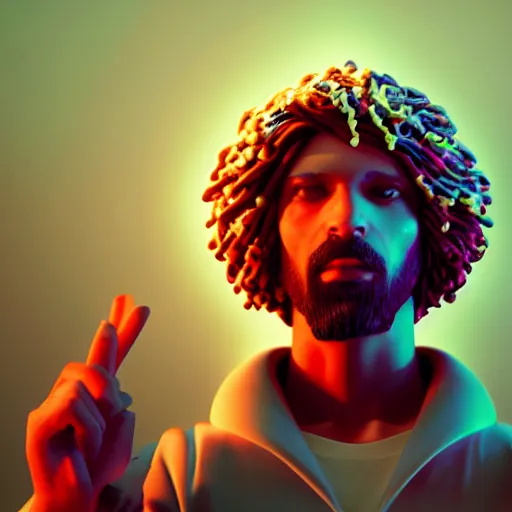 Image similar to candypunk jesus, character design, high quality digital art, render, octane, redshift, volumetric lighting, oled