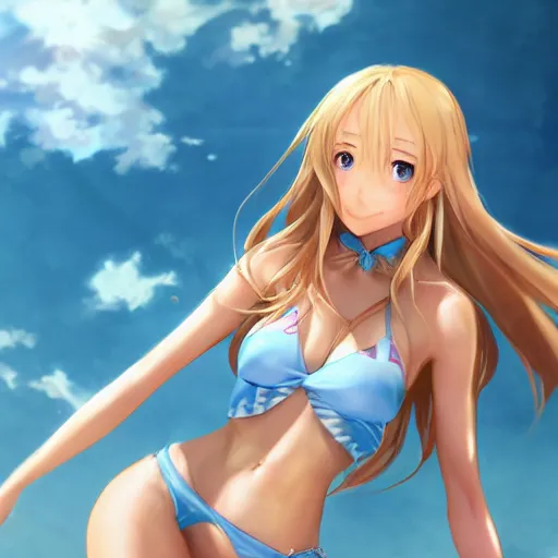 Image similar to a very beautiful mature yuuki asuna, full body, long wavy blond hair, sky blue eyes, full round face, bikini, miniskirt, front view, mid - shot, cute pose, highly detailed, cinematic wallpaper by stanley artgerm lau