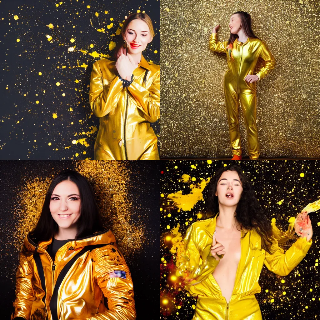 Prompt: high quality photo of a gorgeous woman dressed in golden spacesuit staying on the black background with colorful splatters