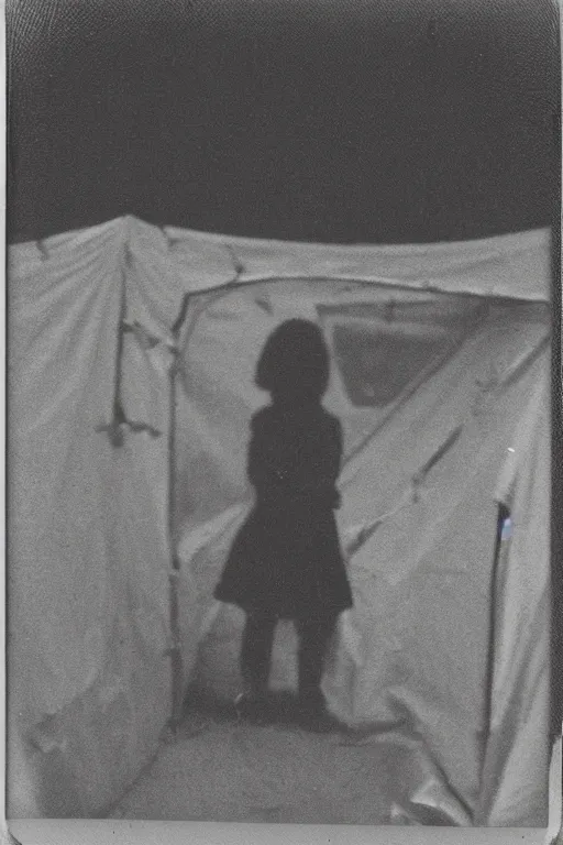 Prompt: photo polaroid of a sad and lonely child stands in the middle many big tents of field hospitals, pandemic, covid,loneliness, black and white ,photorealistic, 35mm film,