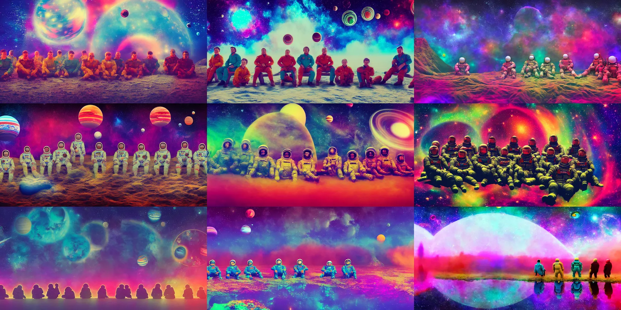 Image similar to twelve cosmonauts sitting by the river with a big holiday cake + psychedelic colors + octane render + ue 5 + planets and stars + mystical fog + psychedelic colors + trippy colors + super detail, high quality