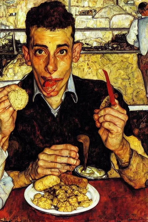 Prompt: portrait of an israeli man eating a falafel in tel aviv, norman rockwell, egon schiele