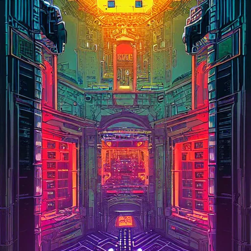 Prompt: cyberpunk portal to a beautiful palace by dan mumford