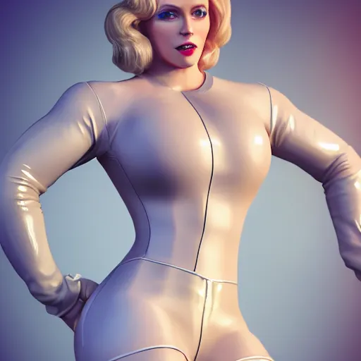 Image similar to beautiful maribelle wearing a tight latex outfit, huge chest, long muscular legs, 8k,hyper realistic, bokeh, unreal render, very fine detail,