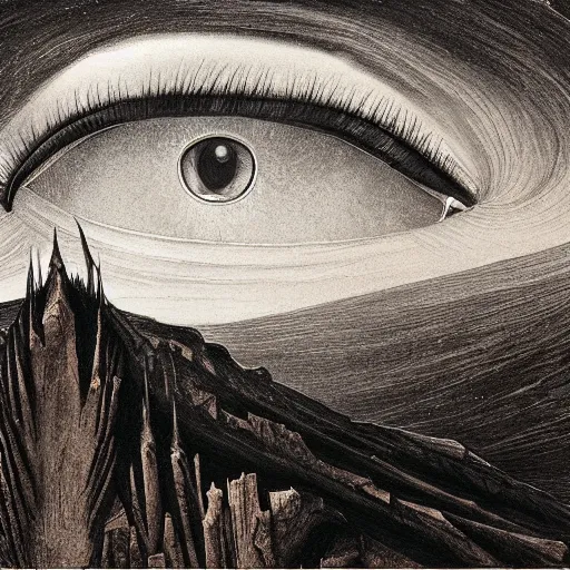 Prompt: sauron's eye watching over an haunted mountain, the sky is covered by meteors falling down, art by leonardo da vinci, by hr giger, 4 k, hyper detailed, hyperrealism, esoteric painting, no artifacts