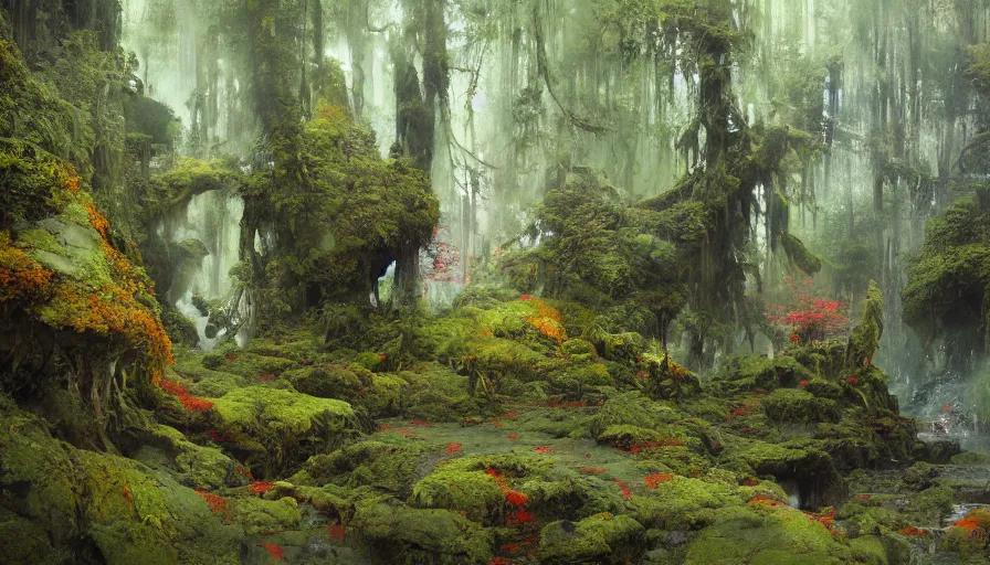 Prompt: ancient forest, mossy rocks, waterfall, intricate, vivid colors, brush strokes, elegant, highly detailed, richard schmid, john park, ruan jia, jeffrey catherine jones