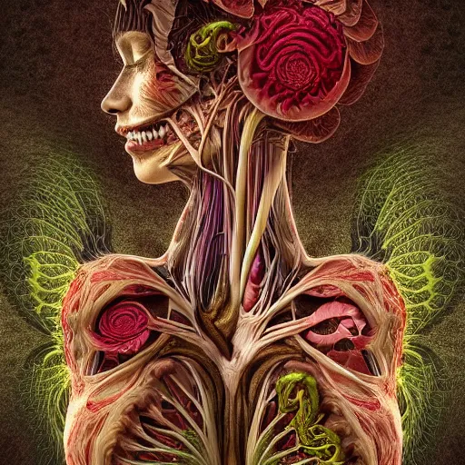 Image similar to a beautiful detailed photo of a two sides rotten woman corpse morphing into fractal plants and fractal flowers and mushrooms, muscles, veins, anatomical, intricate, ornate, volumetric light, beautiful lit, romero ressendi