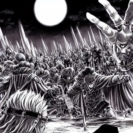 Prompt: berserk eclipse scene by kentaro miura, extremely detailed, manga