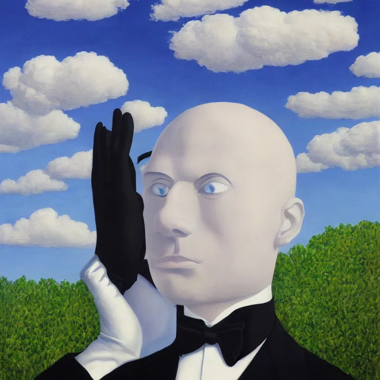 Image similar to portrait of a faceless reflective chrome - head man in a suit and black gloves, clouds and nature landscape in the background, by rene magritte, detailed painting, distance, centered, hd, hq, high resolution, high detail, 4 k, 8 k