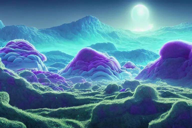 Prompt: a psychedelic realm with rolling plains made out of clouds, mountains made out of icebergs, and plant life made out of cotton candy, in the style of wlop and namek, illustration, epic, fantasy, hyper detailed, smooth, unreal engine, sharp focus, ray tracing