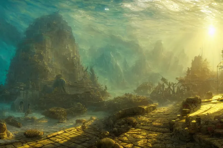 Image similar to a scenic landscaping view of the lost and abandoned city of Atlantic under water, ray of sunlight, mermaids in distance, Greg Rutkowski, Moebius, Mohrbacher, Mucha, blue and gold color scheme, ultra wide angle, ultra detailed, light effect