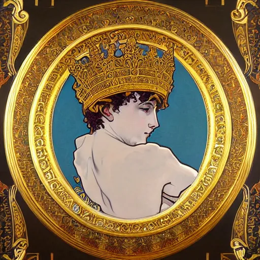 Image similar to an ornate white and gold acrylic painting of a roman emperor, in the style of alphonse mucha