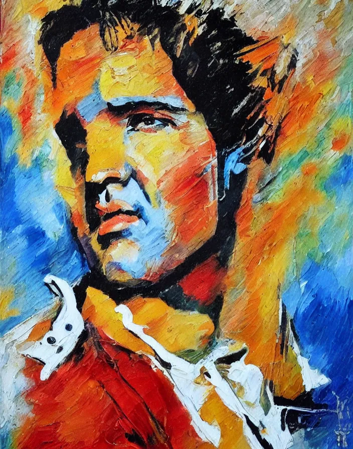 Prompt: Elvis Presley painted in the style of the old masters, painterly, thick heavy impasto, expressive impressionist style, painted with a palette knife