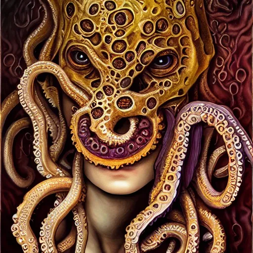 Image similar to octowoman, half woman, half octopus, lovecraftian horror!, surrealism, fantasy, intricate, elegant, highly detailed, digital painting, realistic shading, cinematic composition, hdr, photorealistic, 3 5 mm film, concept art, artstation, matte, sharp focus, illustration, art by keith thompson and christopher lane