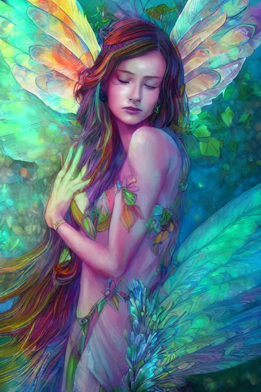 Prompt: wonderdream faeries lady feather wing digital art painting fantasy bloom vibrant keane glen and apterus sabbas and guay rebecca illustration character design concept colorful joy atmospheric lighting butterfly