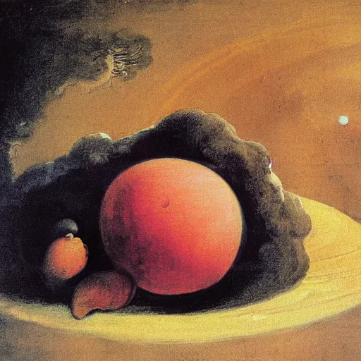 Image similar to saturn devouring a peach painting by francisco goya