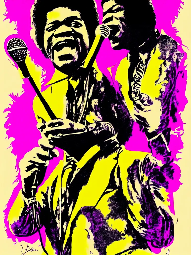 Image similar to psychedelic illustration of james brown holding a microphone, james brown 7 0 ’ s concert poster, highly detailed, colored illustration, “ superbad ”,