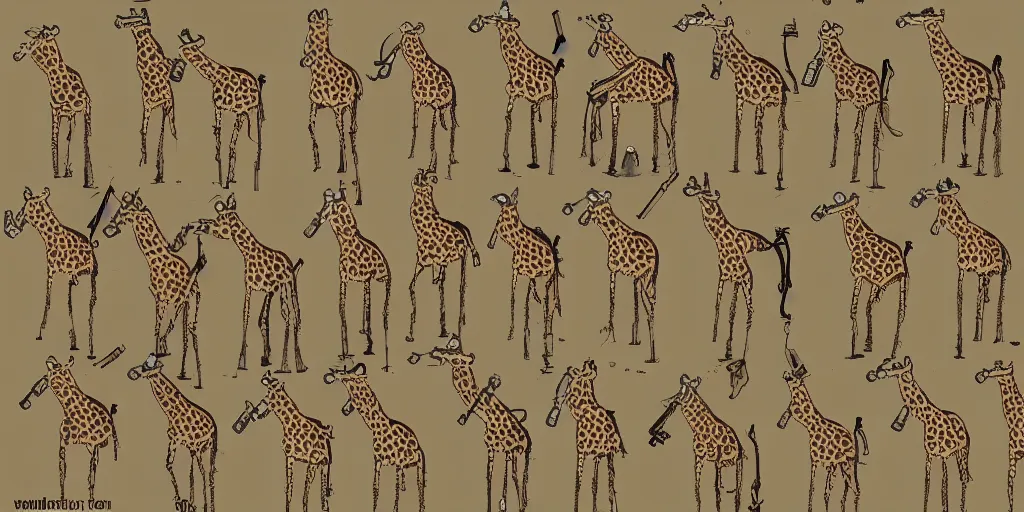 Image similar to giraffe army, holding guns and ammo, illustration, cartoon