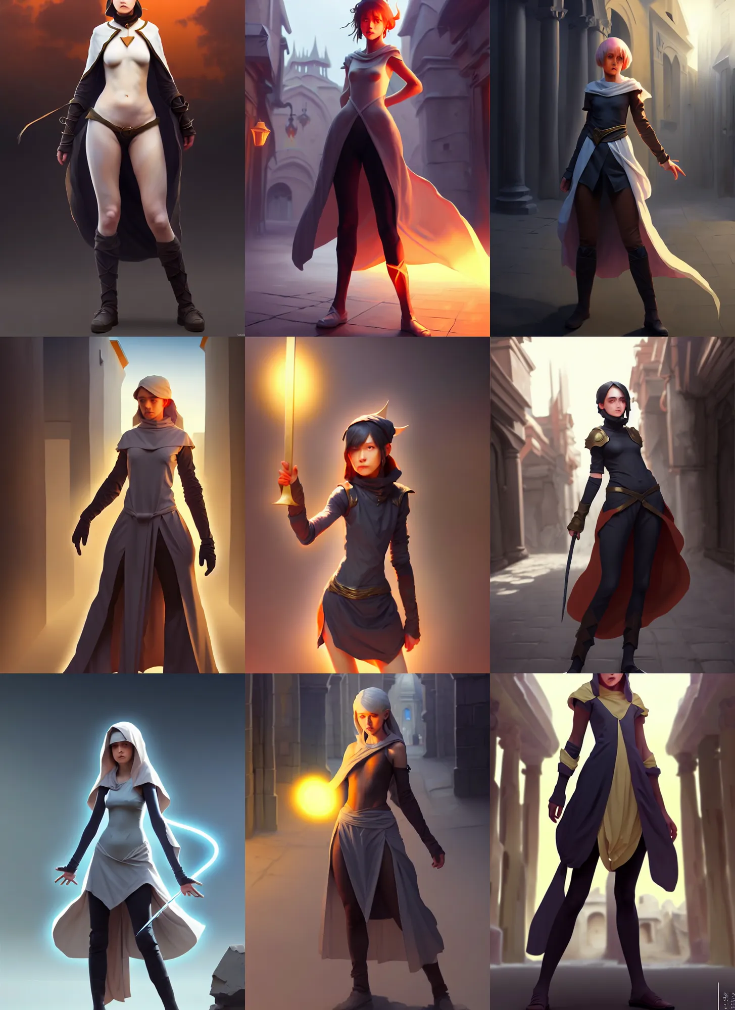 Prompt: costume design from minimalist designers, sophisticated composition, old masters light composition, procedurally generated, epic mage girl character posing for concept art, ancient city streets behind her, substance designer, PBR, HD, Ultra detailed, hyperrealistic, megascans, volumetric light, concept by master artist, made in paint tool SAI2, trending pixiv face