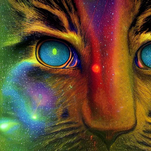 Image similar to psychedelic lush pine forest, outer space, milky way, amber eyes cat eyes designed by arnold bocklin, jules bastien - lepage, tarsila do amaral, wayne barlowe and gustave baumann, cheval michael, trending on artstation, star, sharp focus, colorful refracted sparkles and lines, soft light, 8 k 4 k