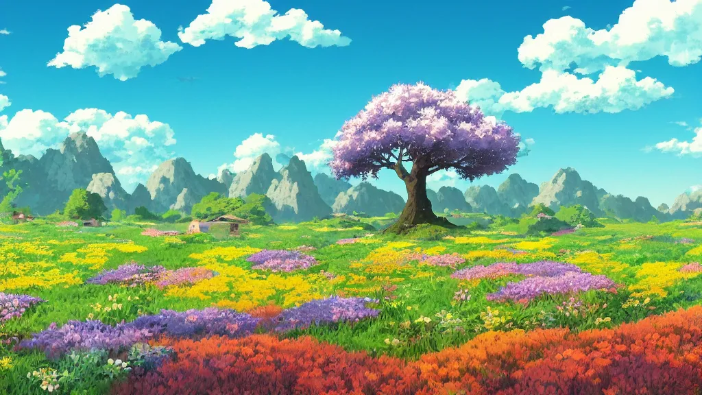 Image similar to fantastic anime sunny meadow with flowers, lone old Oak in the middle plane and mountains on the background, by Hayao Miyazaki, nausicaa of the valley of the wind, studio Ghibli style, Anime wallpaper, stunning