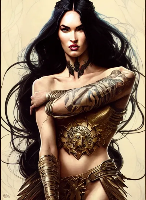 Image similar to megan fox as the goddess of chaos!! intricate elegant, highly detailed, digital painting, artstation, concept art, smooth, sharp focus, illustration, art by ( ( ( artgerm ) ) ) and greg rutkowski! and ( ( alphonse mucha ) ), heavily influenced by frank frazetta and boris vallejo