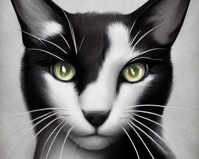Prompt: black and white cat, an illustration, by ross tran, artgerm