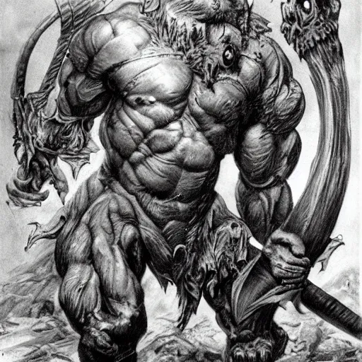 Image similar to dog-faced muscular goblin, ugly face, lizard tail, holding scimitar made of bone, hyper-detailed, primeval fantasy, prehistoric fantasy, drawn by Frank Frazetta