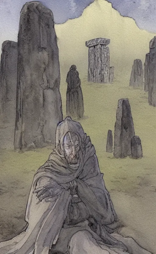 Image similar to a realistic and atmospheric watercolor fantasy concept art of giant monk with an elongated head in grey robes sitting in stonehenge. in the foreground a tiny medieval monk in grey robes is praying. in the background a ufo is in the sky. by rebecca guay, michael kaluta, charles vess