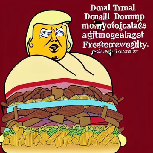 Image similar to Donald trump is gigantic and morbidly obese, he’s sitting on a mountain of cheeseburgers and French fries, hyperrealistic photo, highly detailed award-winning photography