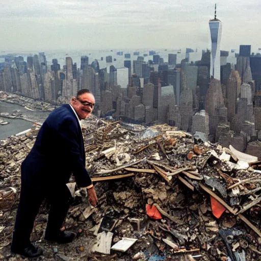 Image similar to a wide shot of a very drunk evil Rudy Giuliani squatting smiling wearing a yellow speedo on top of the world trade center rubble pile in new york