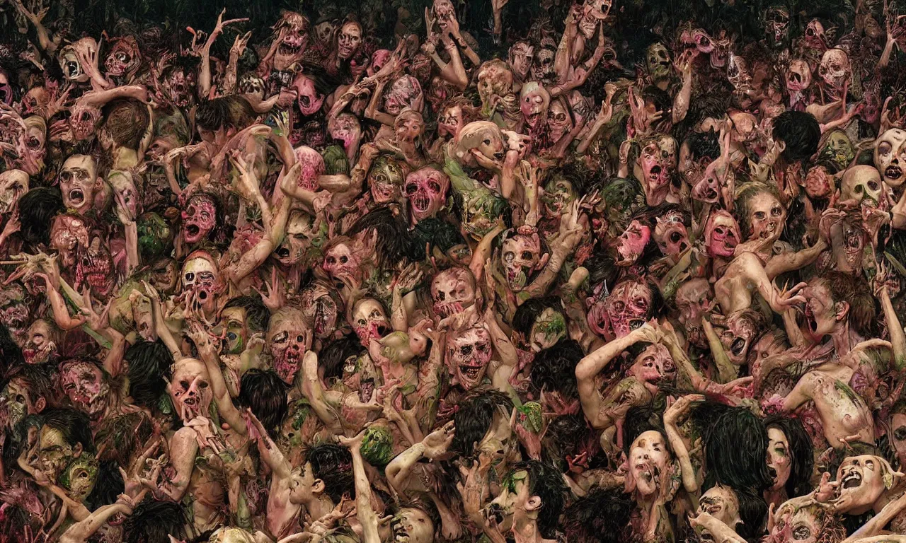 Image similar to a detailed digital art portait of undead nymphs in a mosh pit, art by norman rockwell, pixar style