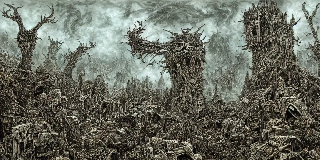 Image similar to ian miller, realms of chaos, landscape, terrifying, ultra detailed