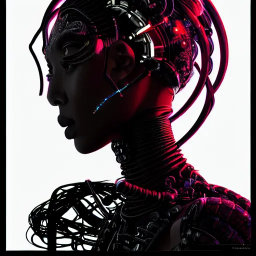 Image similar to portrait of an absurdly beautiful, graceful, sophisticated, fashionable black cyberpunk mechanoid gravure idol, hyperdetailed illustration by irakli nadar, adut akech, matt wisniewski style, intricate linework, dark black porcelain skin, jellyfish headdress, unreal engine 5 highly rendered, global illumination, red light, detailed and intricate environment