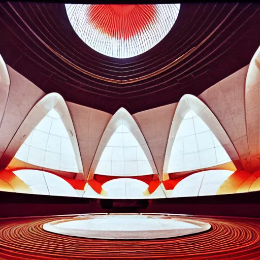 Image similar to interior of a futuristic lotus temple space station with gold, red and white marble panels, by buckminster fuller and syd mead, intricate contemporary architecture, photo journalism, photography, cinematic, national geographic photoshoot